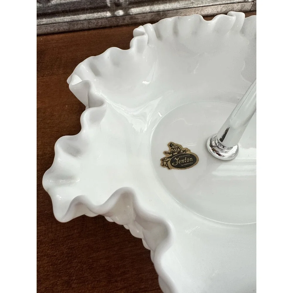 Vintage Fenton white milk glass ruffled edge hobnail silver handled‎ candy dish